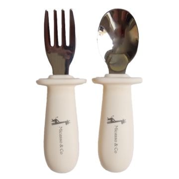 Silicone and Metal Spoon and Fork Set - Cream White