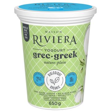 Yogourt grec sans lactose biologique 2% Nature protéines 18 g